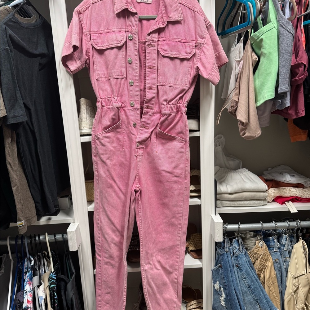 Free People Pink Marci Denim Jumpsuit